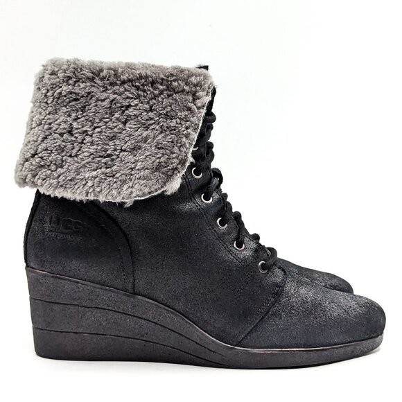 UGG Women Zea Ash Black Distress Leather Waterproof Wedge Boots size 10 - Picture 8 of 11